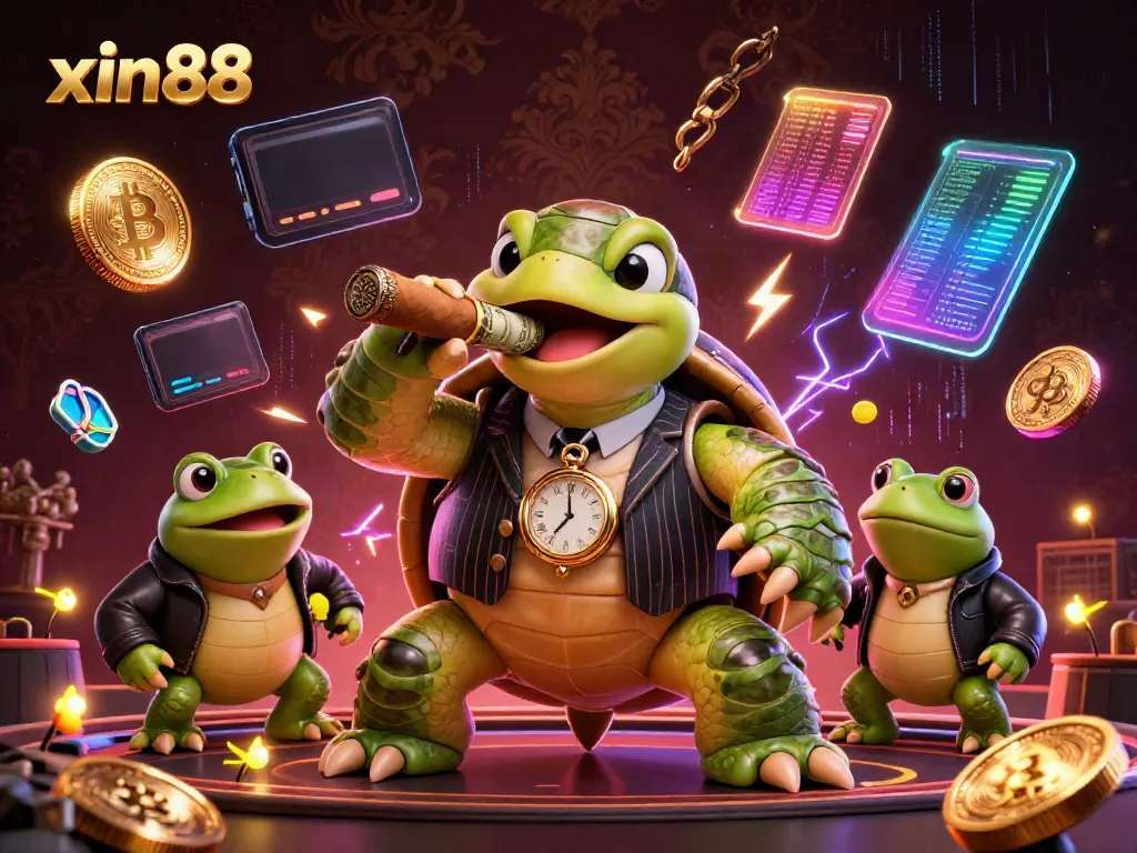 Experience thrilling moments with xin88's vibrant casino scene featuring a massive snapping turtle and bullfrog enforcers.