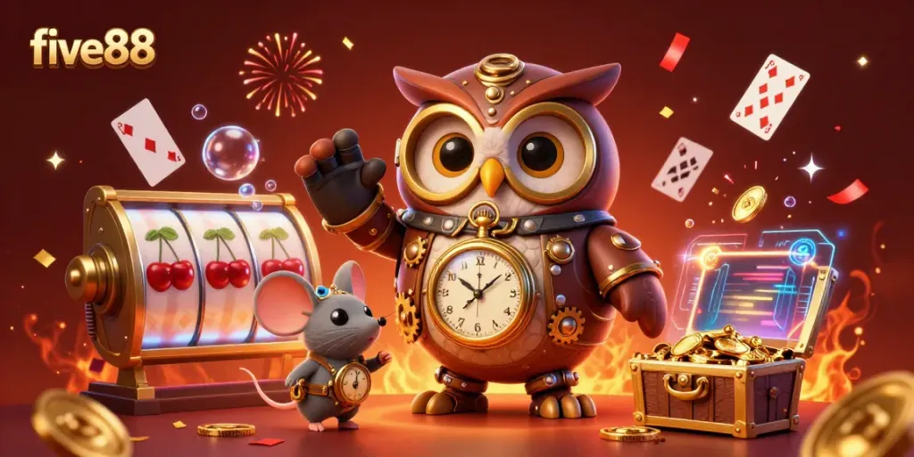Engage with five88 in a vibrant casino scene featuring an owl and mouse amidst slot reels and sparkling treasures.
