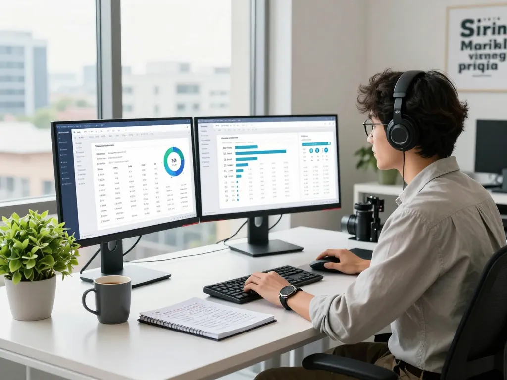 Professional workspace showcasing group buy SEO tools on multiple screens in a modern office.