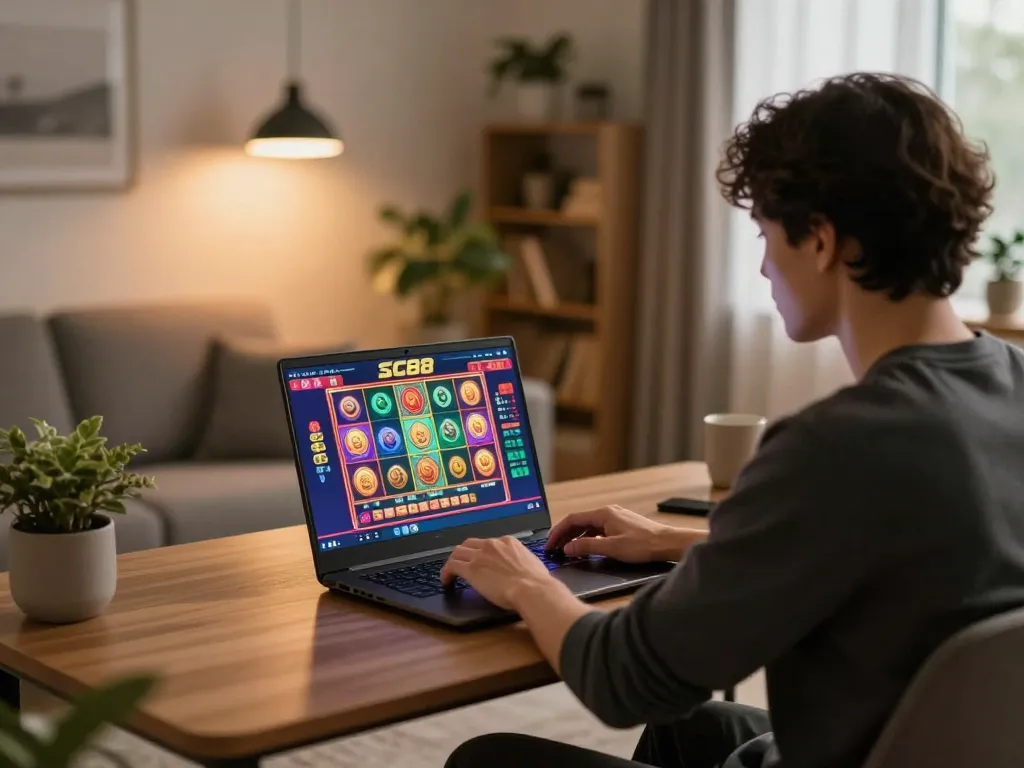 Player engaging with SC88 online casino on laptop in a cozy home gaming setup.