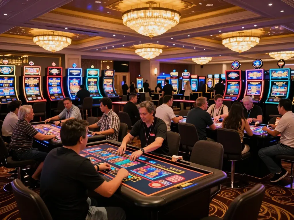 tip88 players engaging in dynamic gambling at a lively casino floor with vibrant lighting