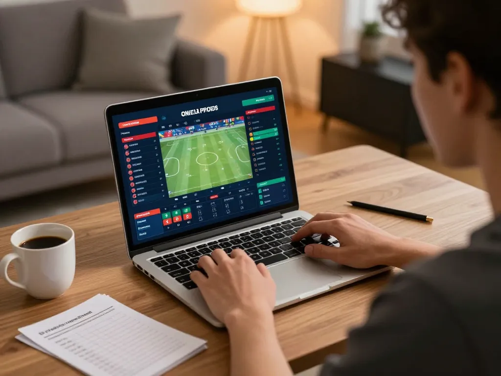 Engaging in keonhacai online sports betting from a cozy home setup, with live odds visible on the laptop screen.