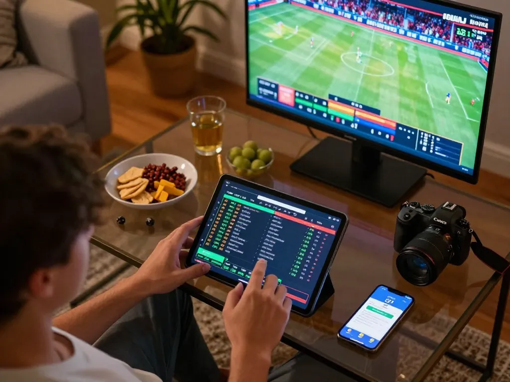 Engaging in live betting on luck8 tablet amidst a cozy home setup, reflecting excitement and strategy.