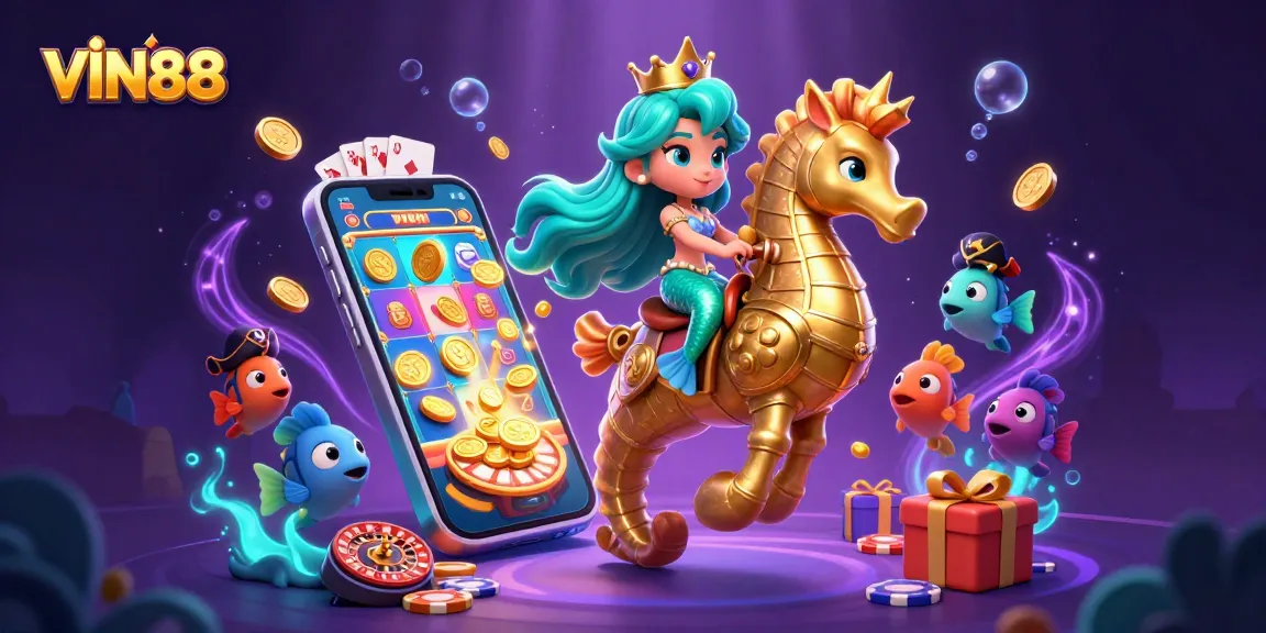 Experience thrilling gaming with VIN88 featuring a vibrant 3D scene of a mermaid, seahorse, and slot elements.