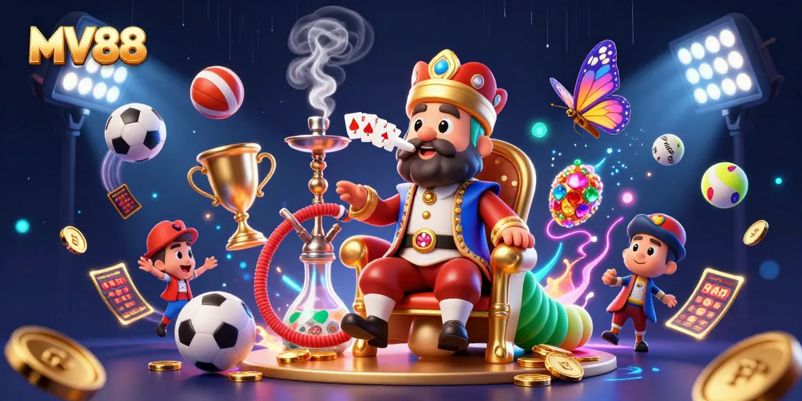 Experience the MV88 as you engage in thrilling sports betting, with a colorful illustration of audio elements.