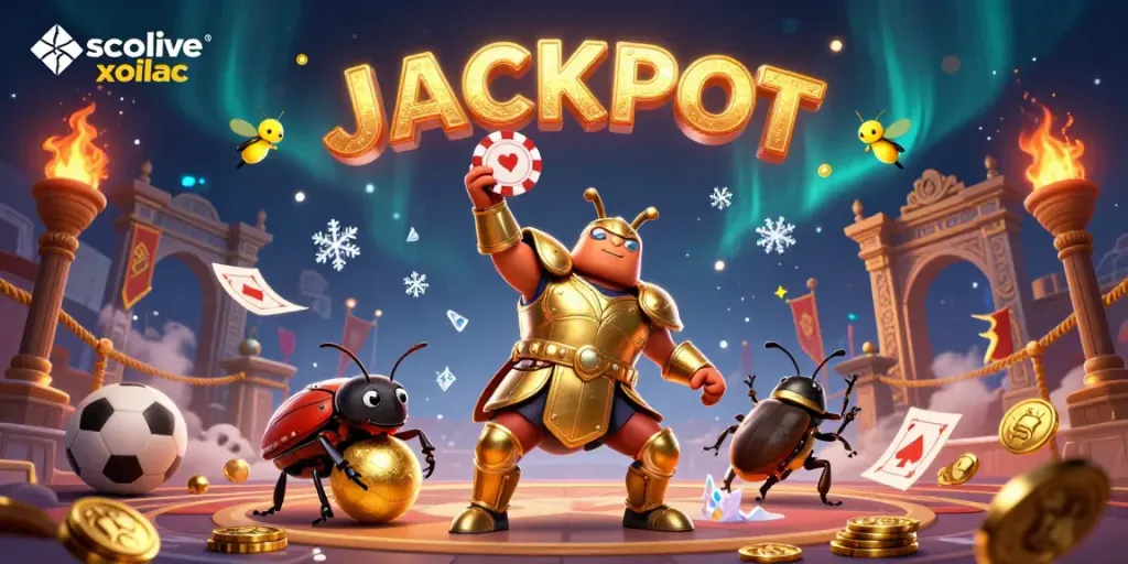 Watch the hercules beetle celebrate a win in socolive xoilac with a golden poker chip amidst vibrant game elements.