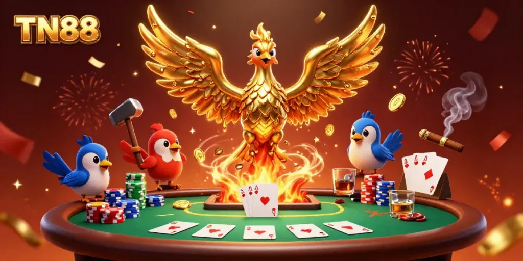 Experience the thrilling world of TN88, showcasing a molten golden phoenix and poker elements amidst vibrant celebrations.