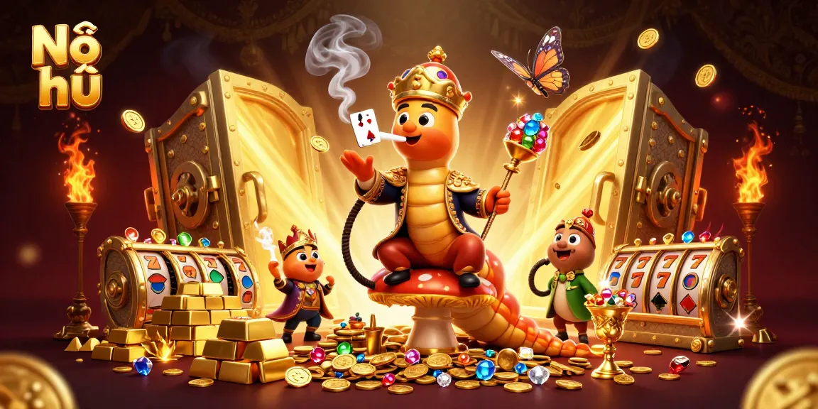 Nổ hũ showcases a lavish casino scene with a playful caterpillar and jackpot symbols.
