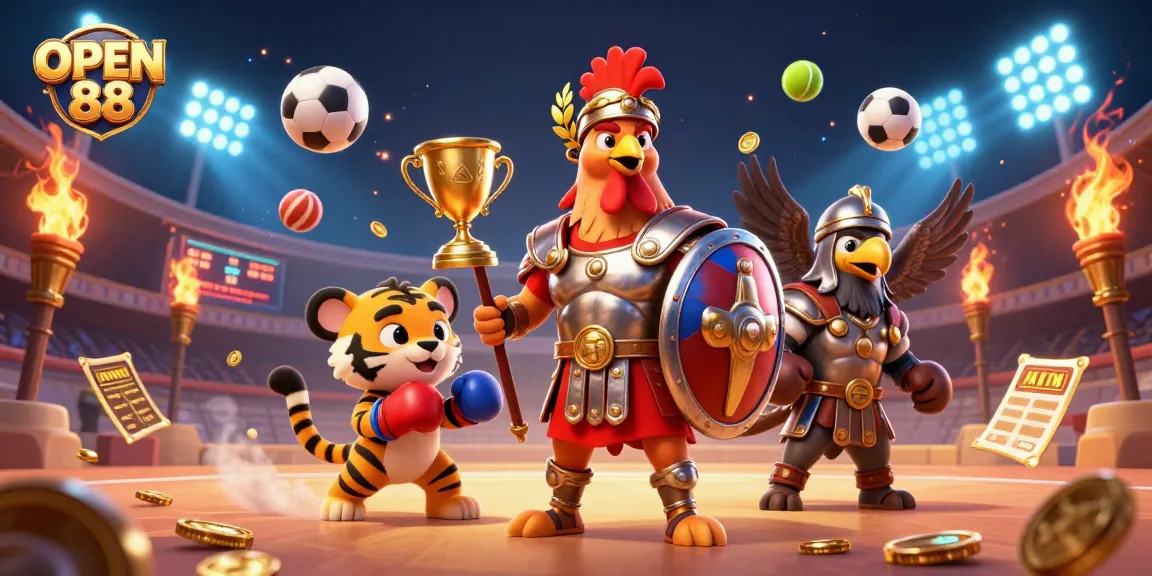Engage with winning strategies at OPEN 88 as a cartoon gladiator rooster leads in a dynamic sports-themed scene.