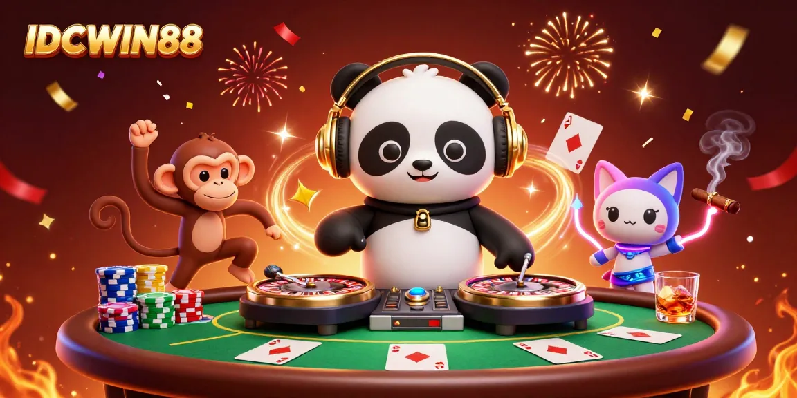 Experience thrilling gameplay with IDCWIN88, featuring a DJ panda, a dance floor monkey, and a glowing kitten.