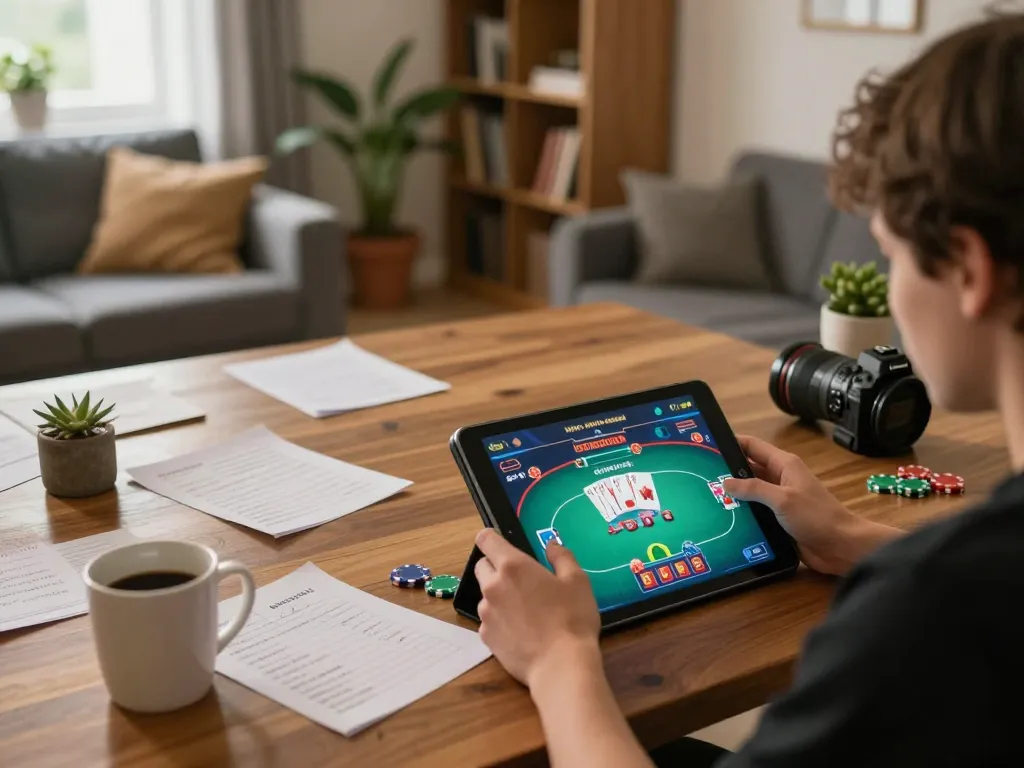 Engaging user playing poker on god55 tablet with strategy notes in cozy home setting.