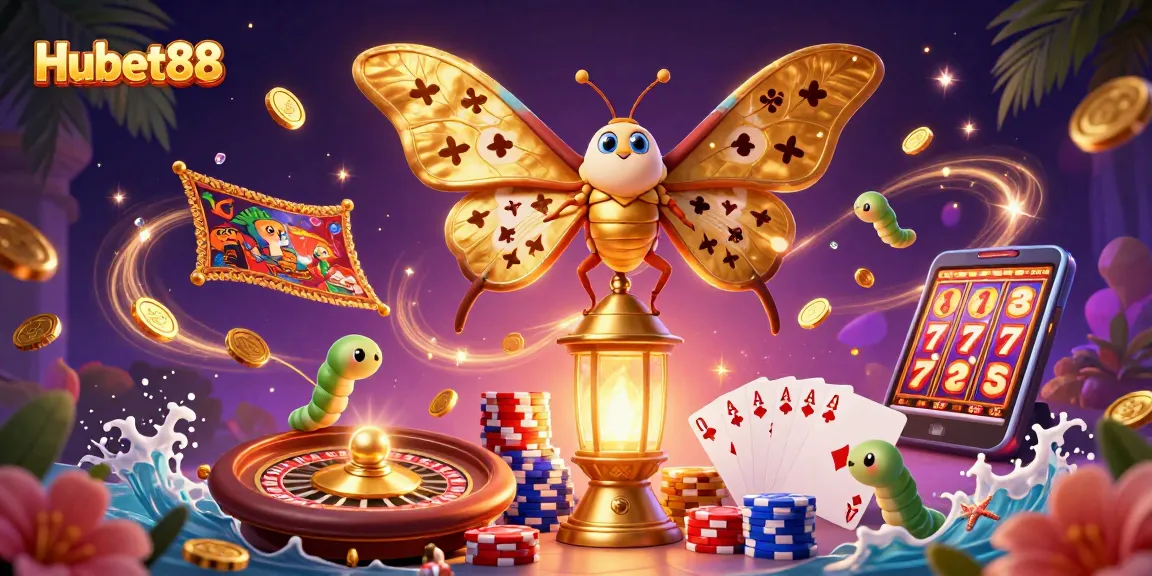 Engage with Hubet88 at a vibrant casino scene featuring an enchanting moth amidst rich game elements.