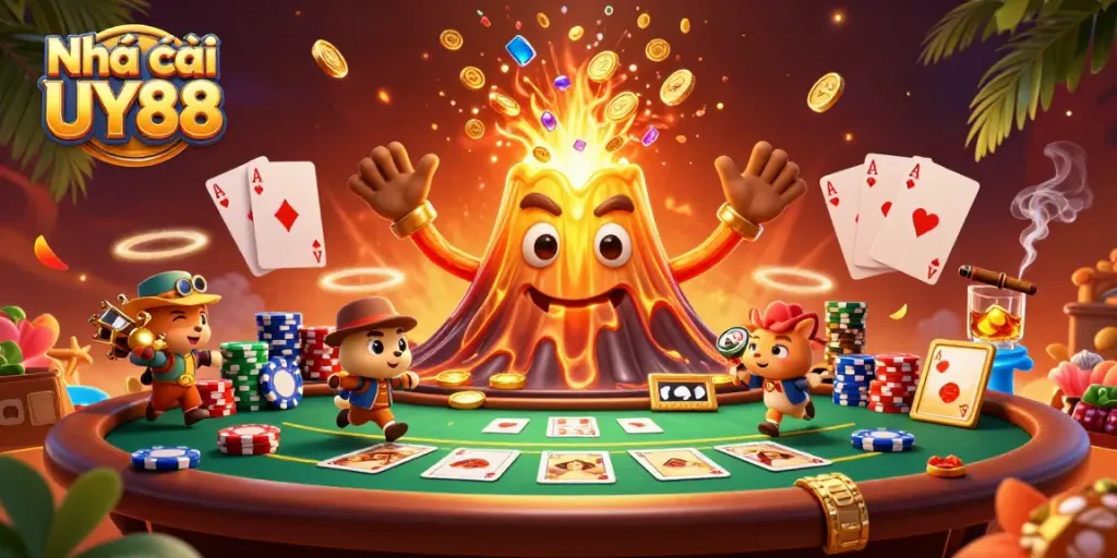 Engage with Nhà cái UY88's dynamic gambling scene featuring a golden volcano erupting treasures.