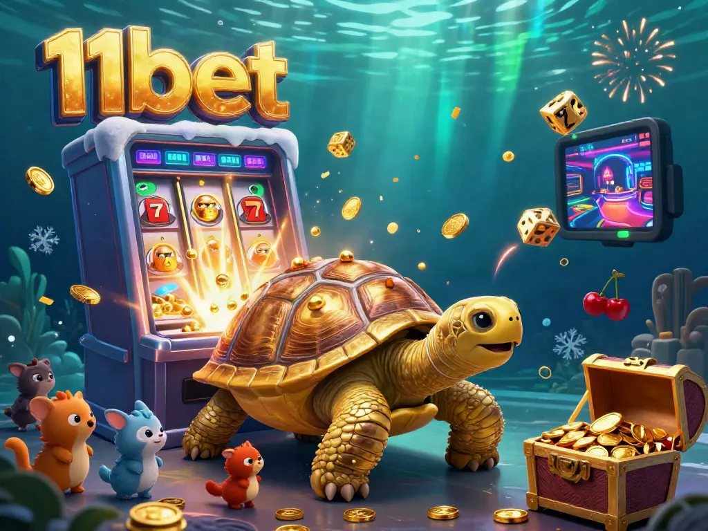 Experience the excitement of 11bet with a colorful casino scene featuring a golden tortoise pinball machine.