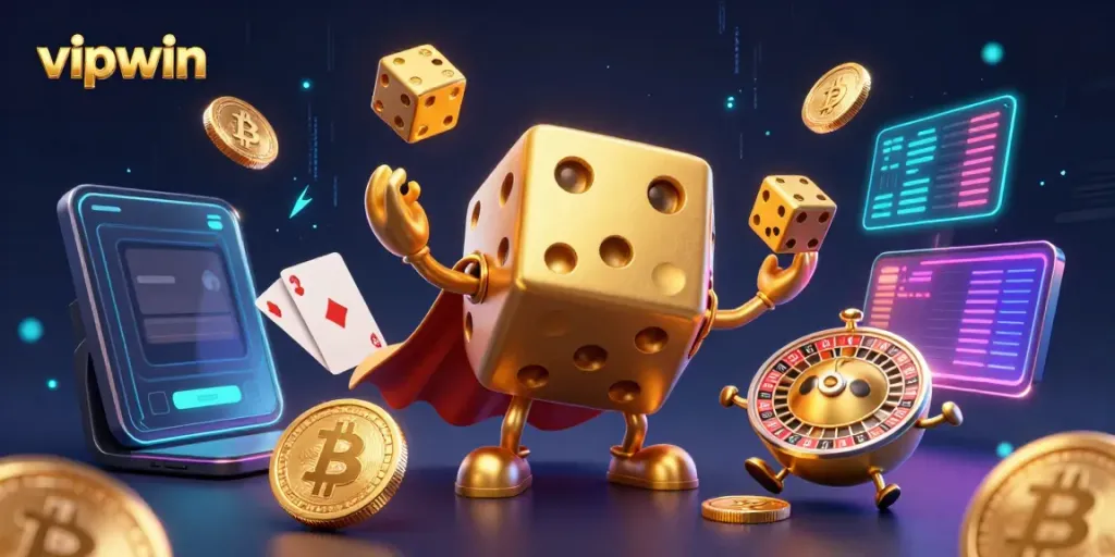 Experience the thrill of vipwin with a 3D golden dice golem and digital coins in a dynamic casino scene.