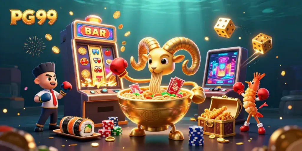 Engaging scene featuring PG 99 with a golden ramen bowl and dynamic casino elements.