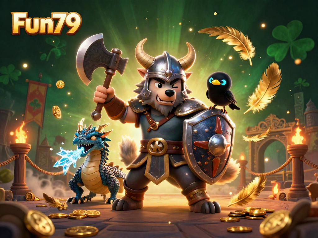 Experience the thrilling adventure of Fun79 with a Viking warrior and ice-breathing dragon amidst a vibrant casino scene.