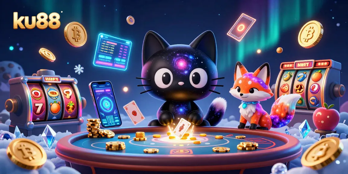 Engage in thrilling gambling action at ku88 with a vibrant cosmic casino scene filled with slot elements.