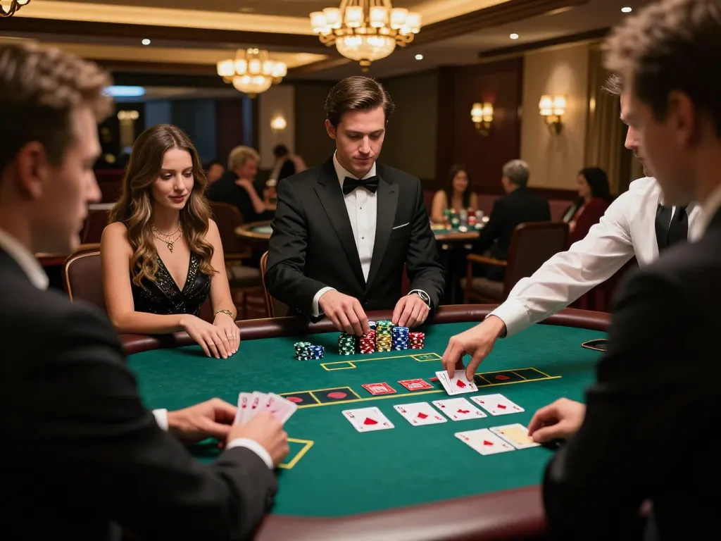 VA88 players celebrating a winning hand during a dynamic blackjack game at an upscale casino.