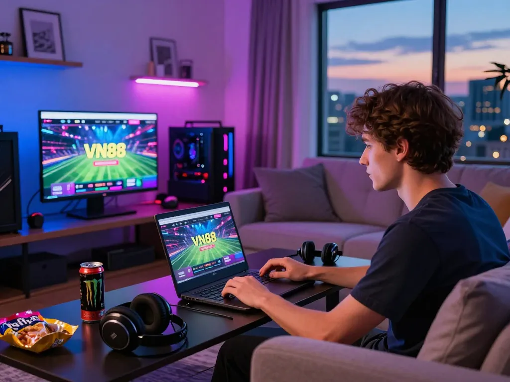 Engaged player using VN88 online betting platform in modern living room setting.