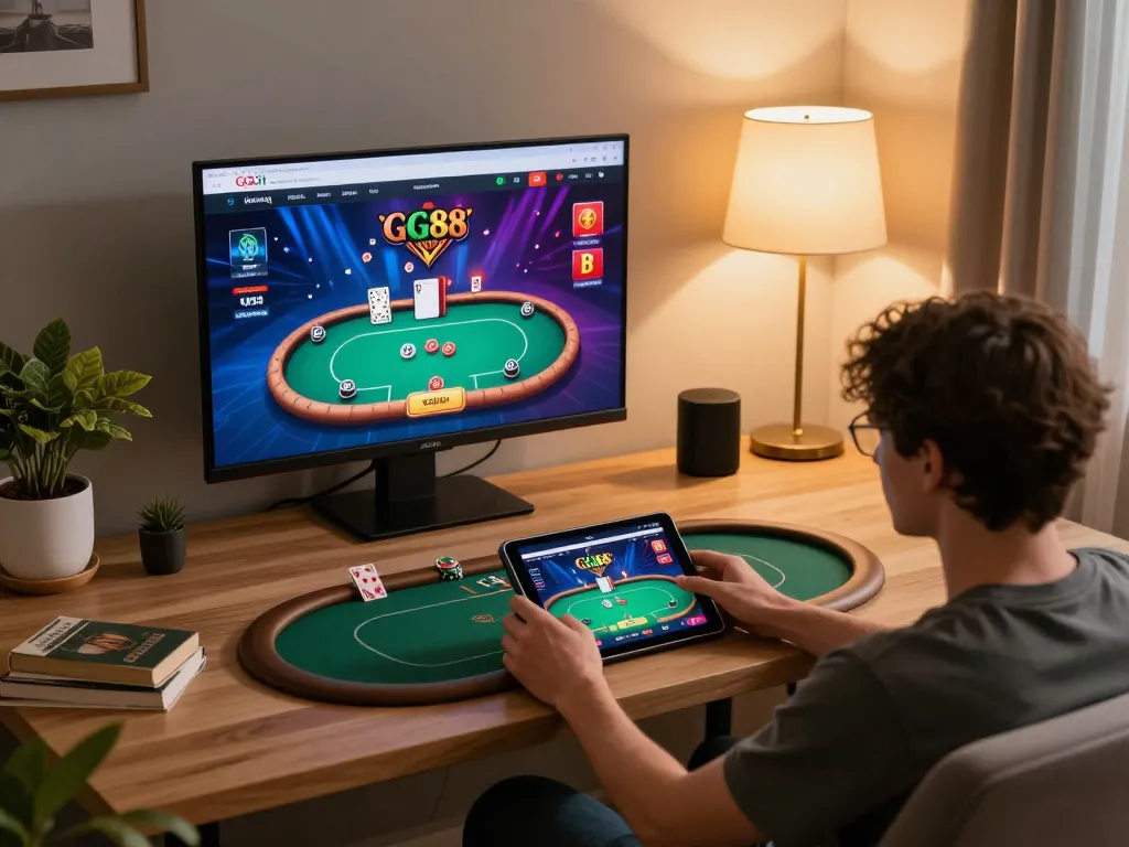 Engaging session on GG88's online casino platform in a cozy home setting