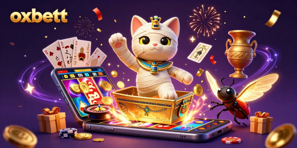 Experience excitement with oxbett in a dynamic pyramid casino scene featuring a mummy cat and gaming elements.