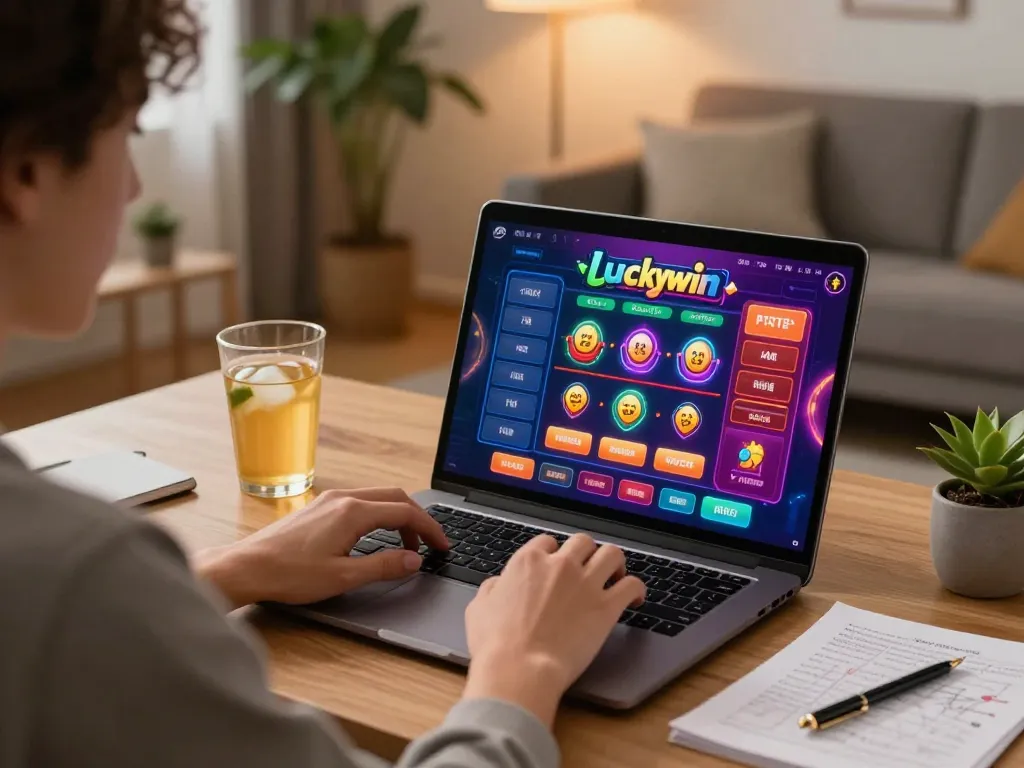 Person enjoying online gambling at Luckywin on a laptop with vibrant graphics and cozy home setting.