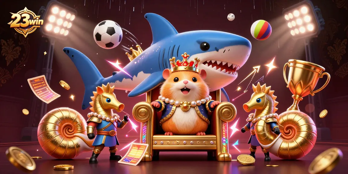 Win big at 23win with intense gaming action featuring a golden hamster king and dynamic sports elements.