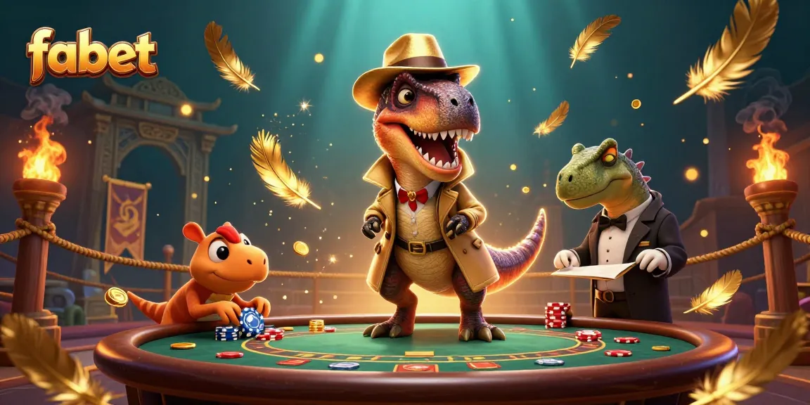 Fabet's vibrant casino scene with a sneaky velociraptor card counter and chips flying.