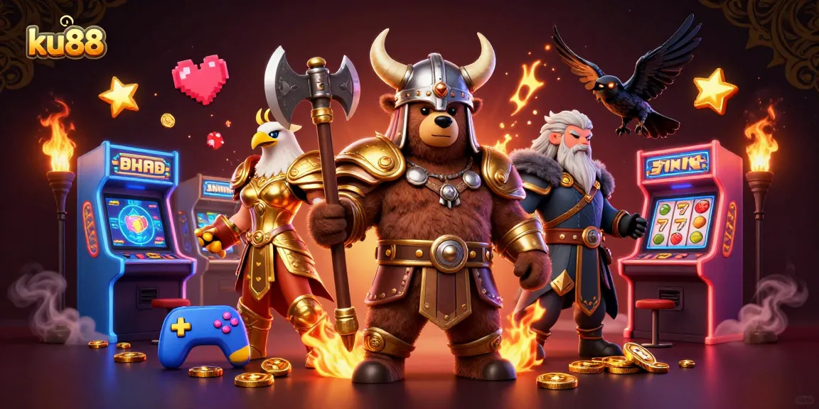 Engage in thrilling slots action at ku88 with Viking and eagle characters featuring casino elements.
