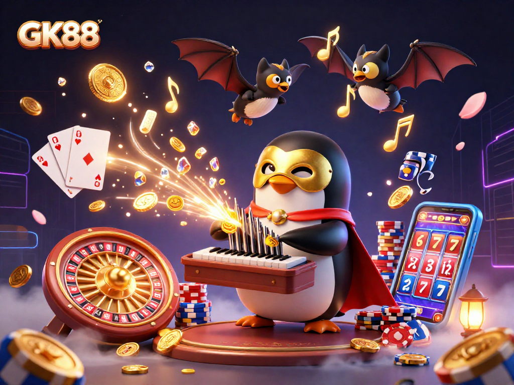 Experience the lively GK88 casino atmosphere with golden coins and vibrant game elements.