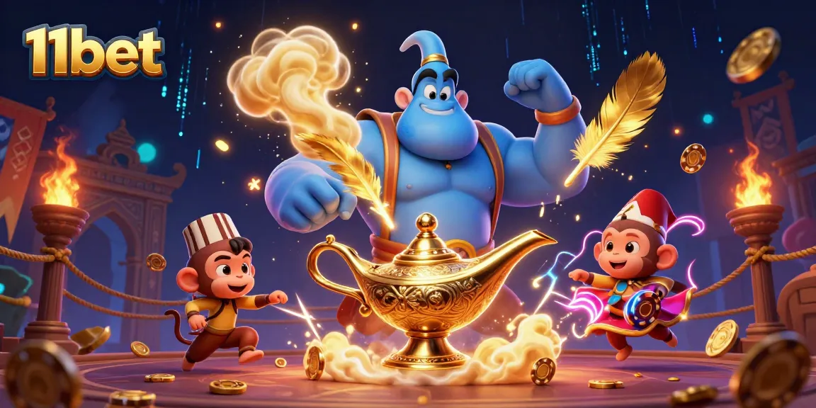 Engage with 11bet's exciting gaming world through a captivating genie and monkey scene.