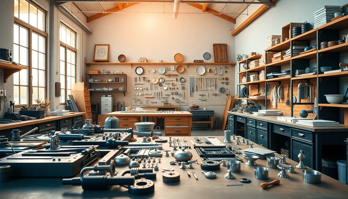 Furniture hardware supplier displaying innovative designs and materials in a vibrant workshop environment.