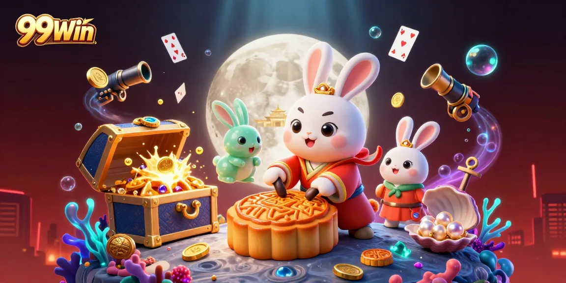 Join the fun at 99Win with a magical scene featuring moon rabbits, poker chips, and underwater treasures.