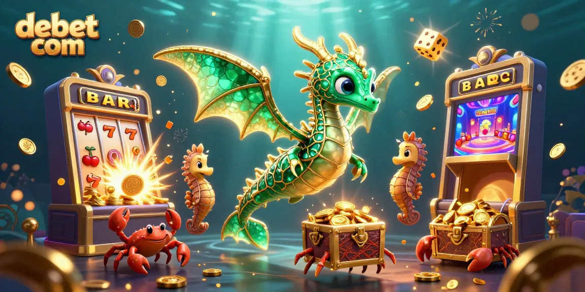 Win jackpots at debet com with thrilling 3D casino illustration of sea dragon and slot machines.