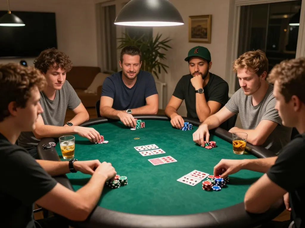 Players engage in a lively poker game at home, emphasizing sc88 strategy and social interaction.