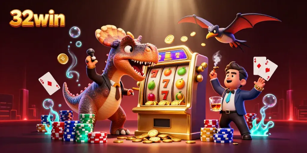 Experience thrilling jackpots at 32win with cartoon dinosaurs in a vibrant casino setting.
