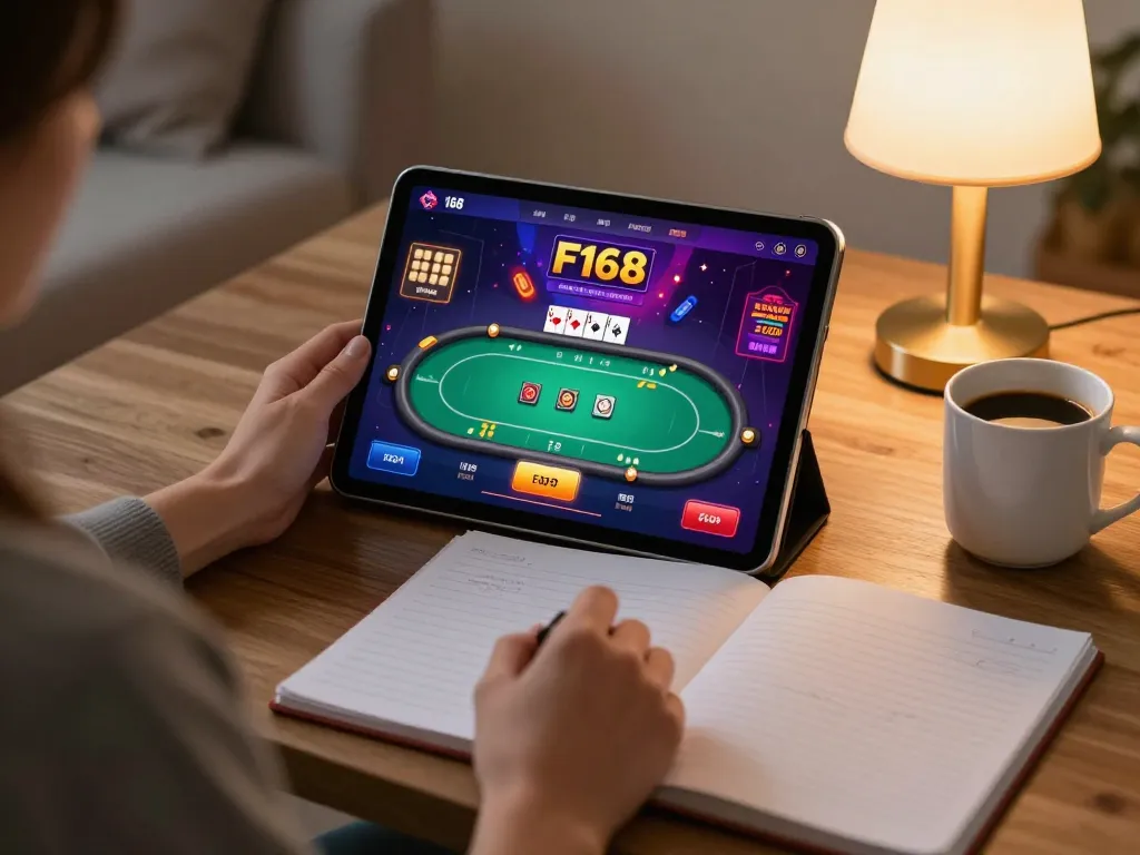 Engaging online poker strategy session with F168 app on tablet in cozy home setting.