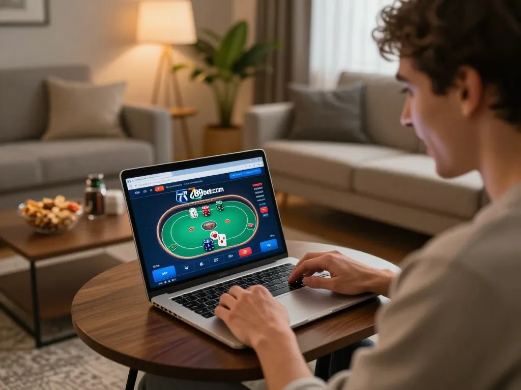 Engaging in online gambling experience at 789betcom with poker game displayed on laptop
