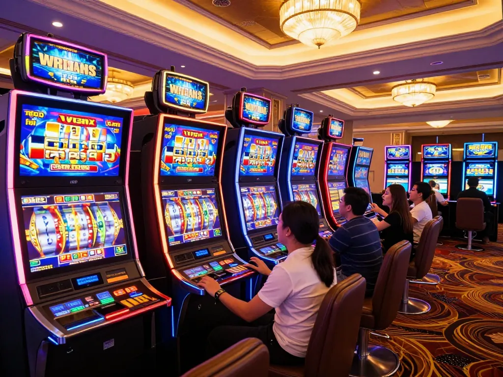 Exciting gameplay at Vmax trang chủ with players celebrating wins at vibrant slot machines in a lively casino atmosphere.
