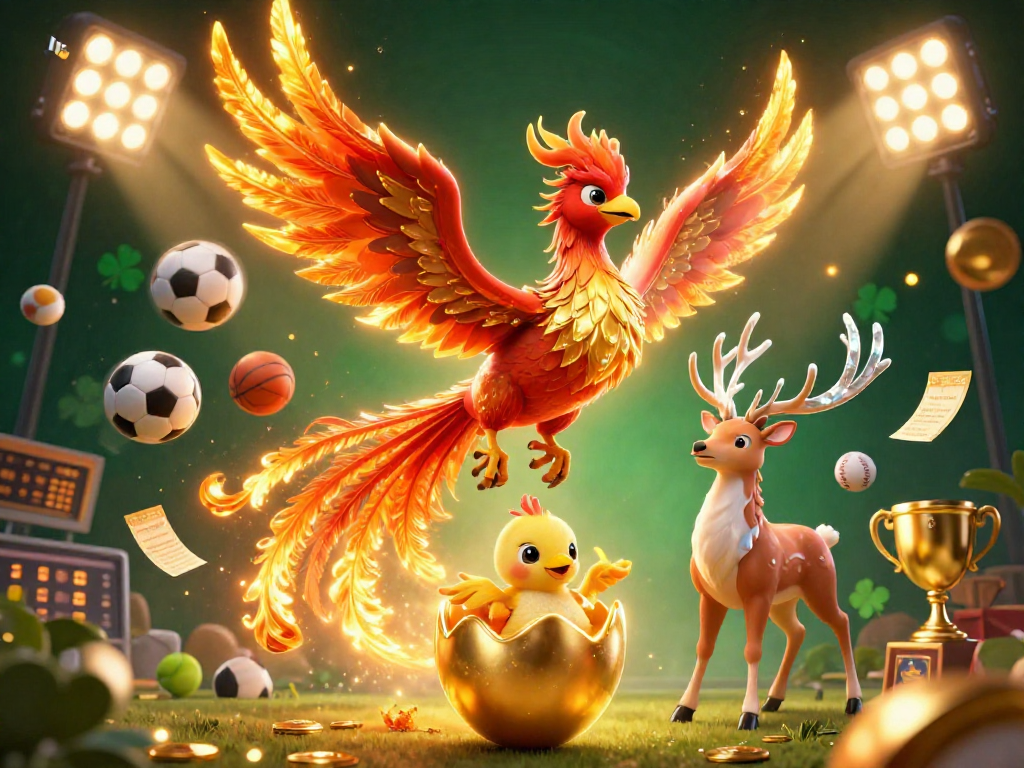 Experience iwin's dynamic gaming world with a blazing phoenix, vibrant sports elements, and lucky symbols.