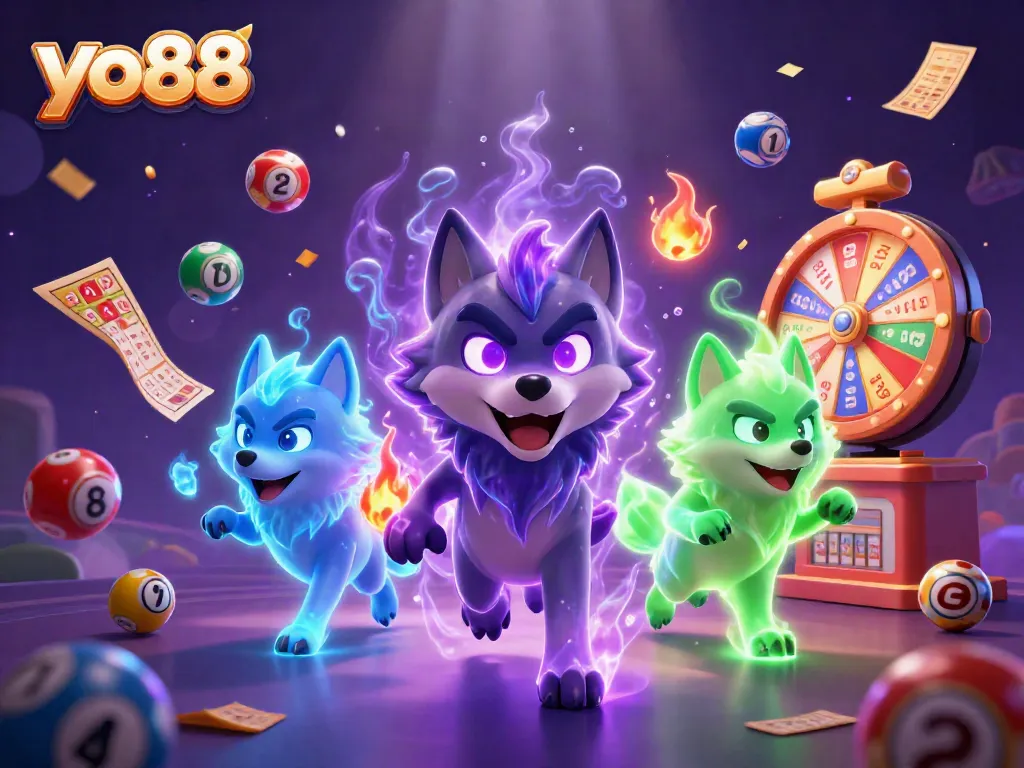 Experience the thrill of yo88 with vibrant lottery elements and ghostly wolves in this engaging digital artwork.