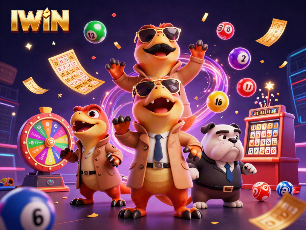 IWIN casino scene with raptors in a trench coat and colorful lottery elements creating excitement.