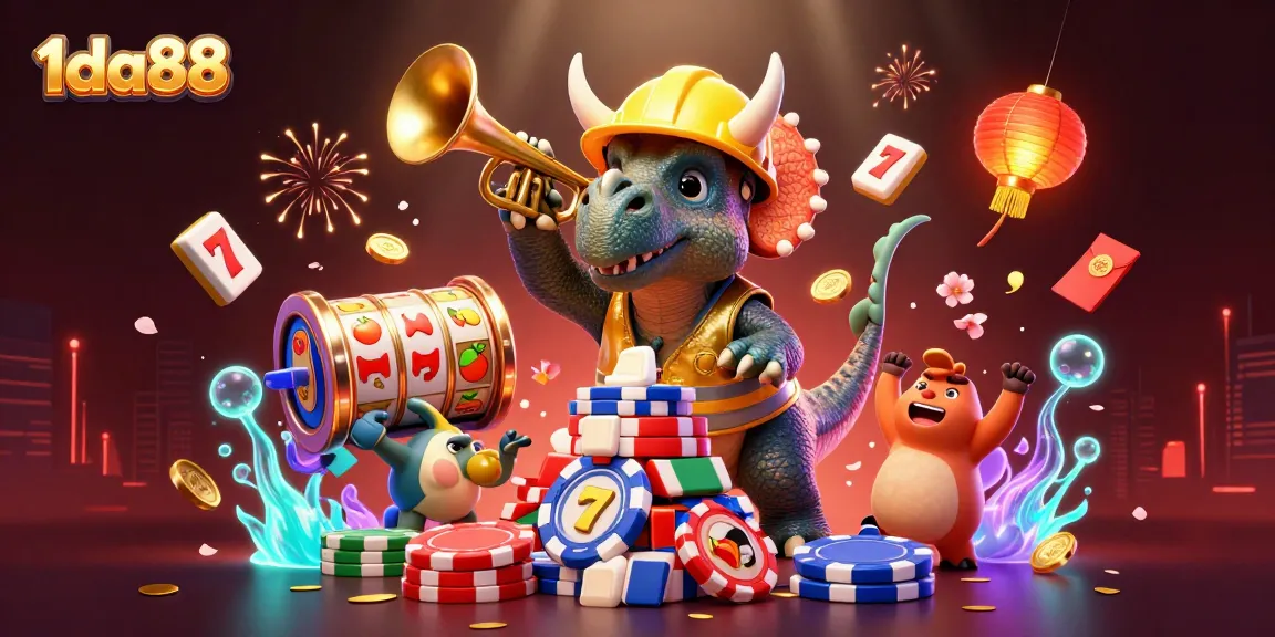 Play exciting games with 1da88 amidst a vibrant casino scene featuring animated characters and dazzling visuals.