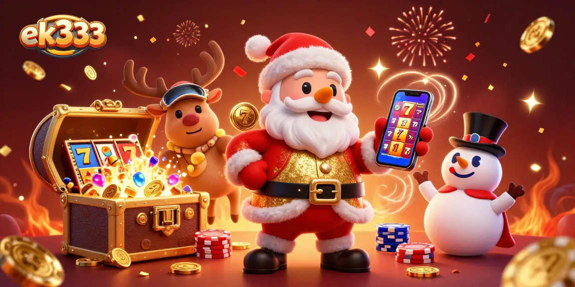 Engage in the thrilling world of ek333 with Santa, reindeer, and a snowman celebrating a jackpot.