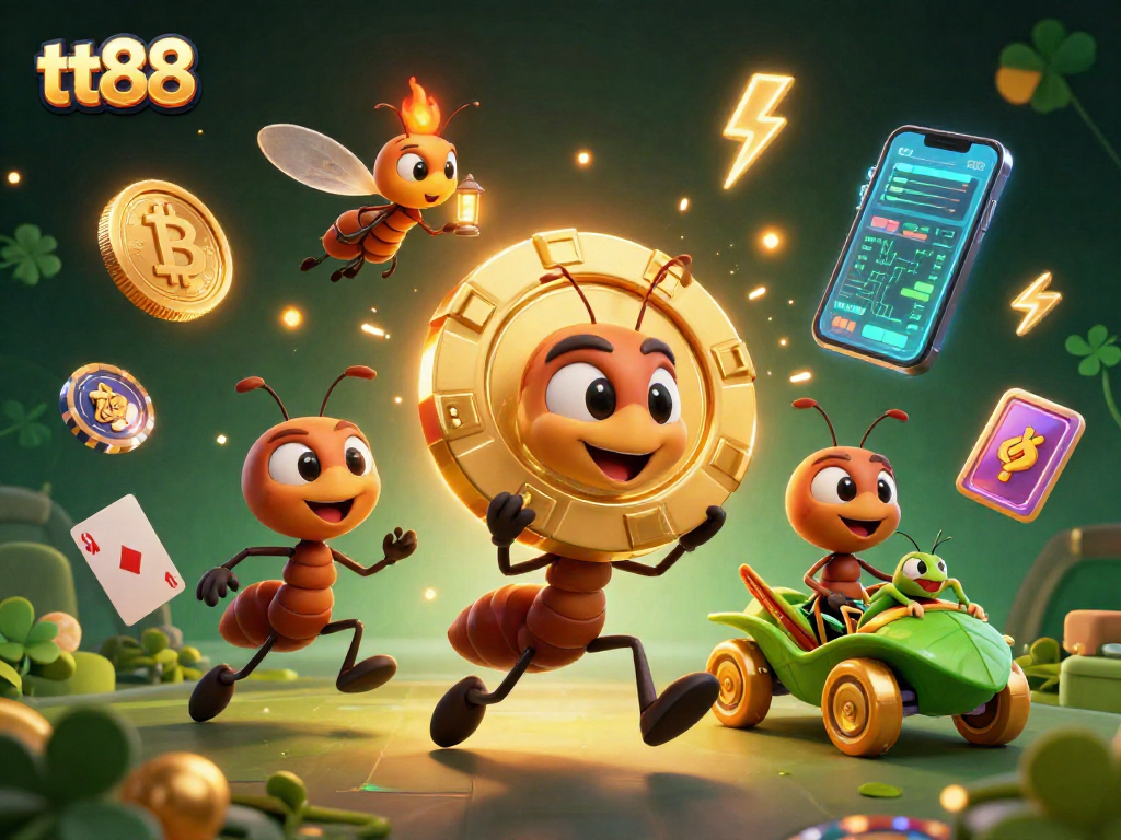 Let the tt88 ants navigate their heist with golden poker chips in a vibrant casino scene.