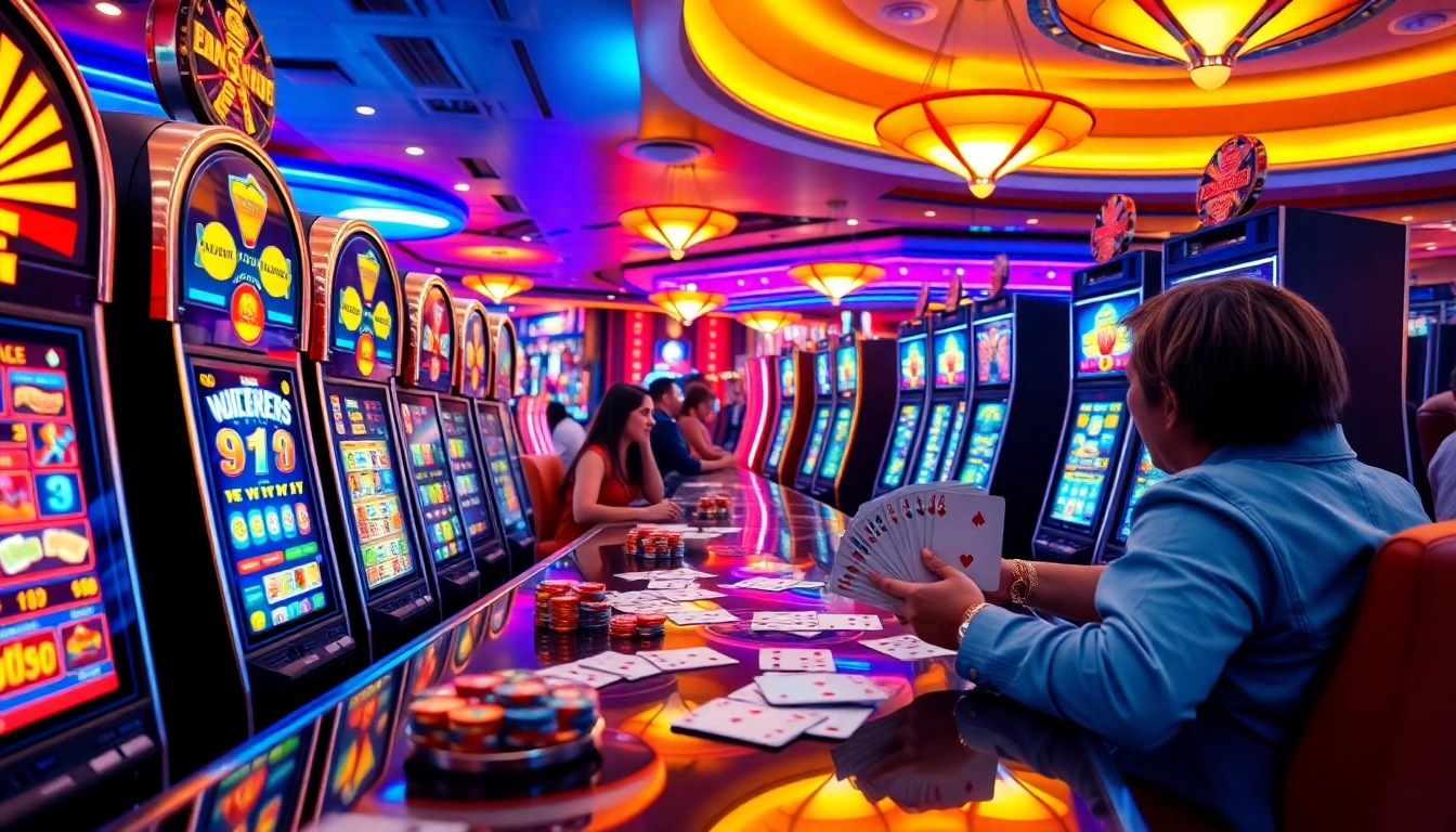 Exciting VSWIN casino scene with players celebrating a jackpot at vibrant slot machines.