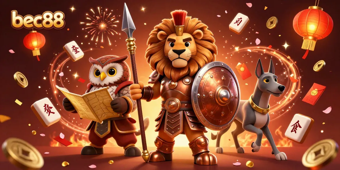 Bec88 showcases an exciting casino atmosphere with a Spartan lion, owl strategist, and greyhound, celebrating wins.