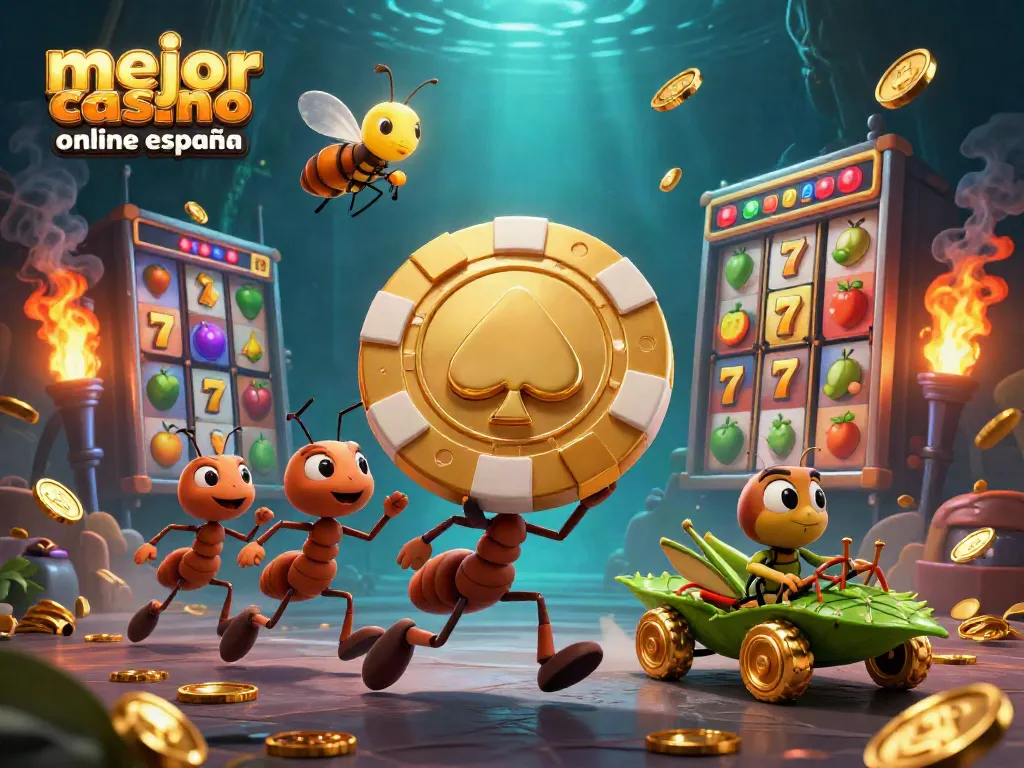Los mejores casinos online en España: equipo de hormigas robando un chip dorado en un túnel.
