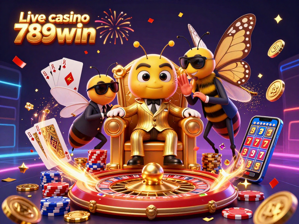 Engage with Live casino 789win in a vibrant 3D scene filled with shimmering coins and playing cards.